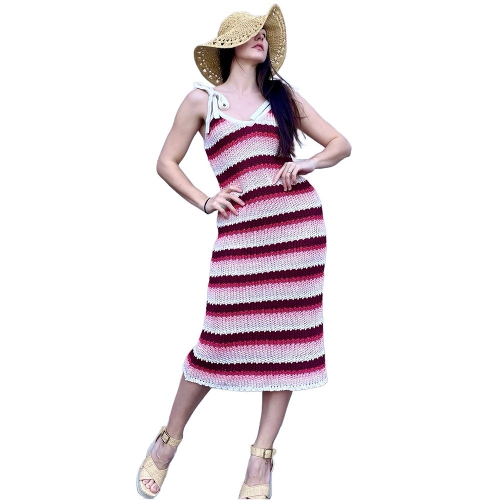 Zara Chunky Thick Knit Beachy Coastal Resortwear Pink Striped Midi Dress Medium
